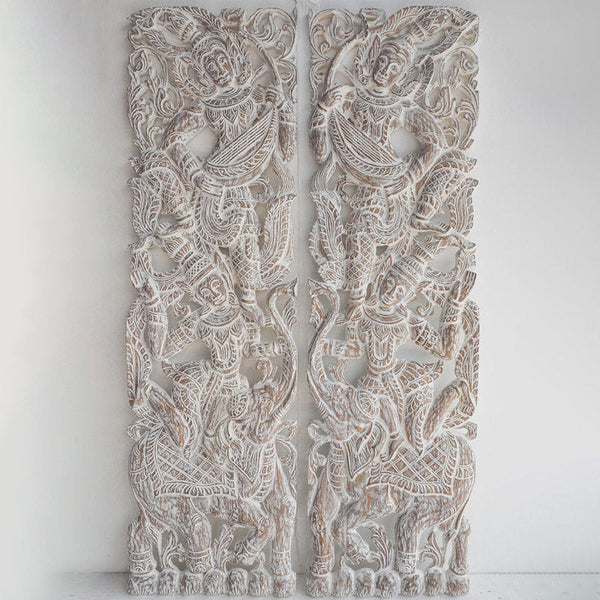 Set 2 Panneaux Muraux Anges Gardiens Thailandais Vintage Blanc - 120 cm